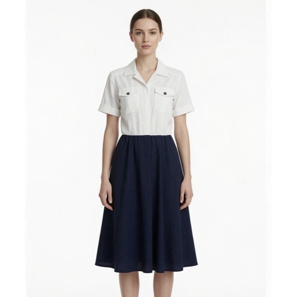 Vintage 1970s Shirt Dress Navy Blue & White Collar Faux Wrap Skirt 9/10 Canada